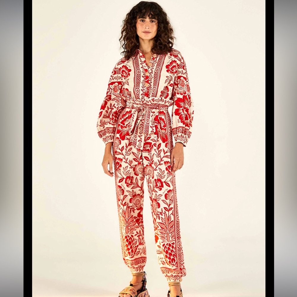 NEW Farm Rio Red Pineapple Garden Long Sleeve Jumpsuit Small